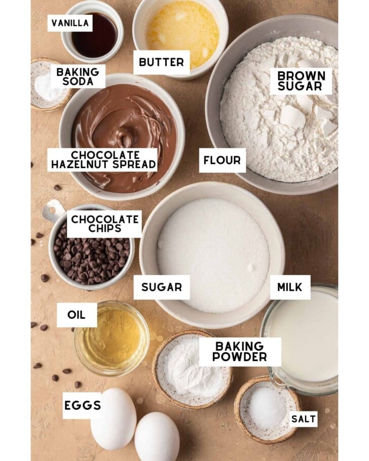 nutella filled muffins ingredients in small bowls