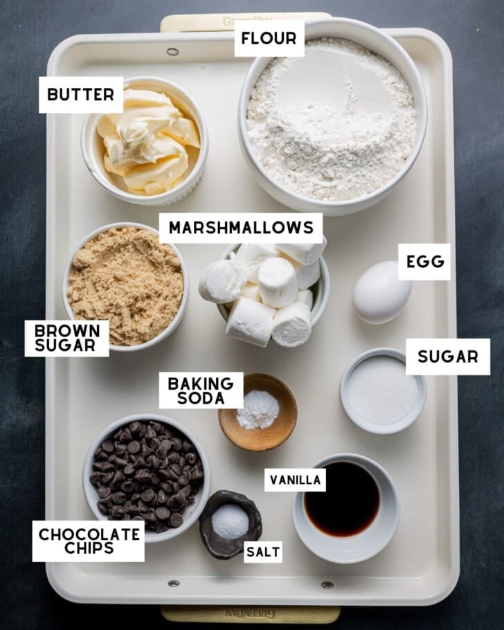 chocolate chip marshmallow cookies ingredients in small bowls