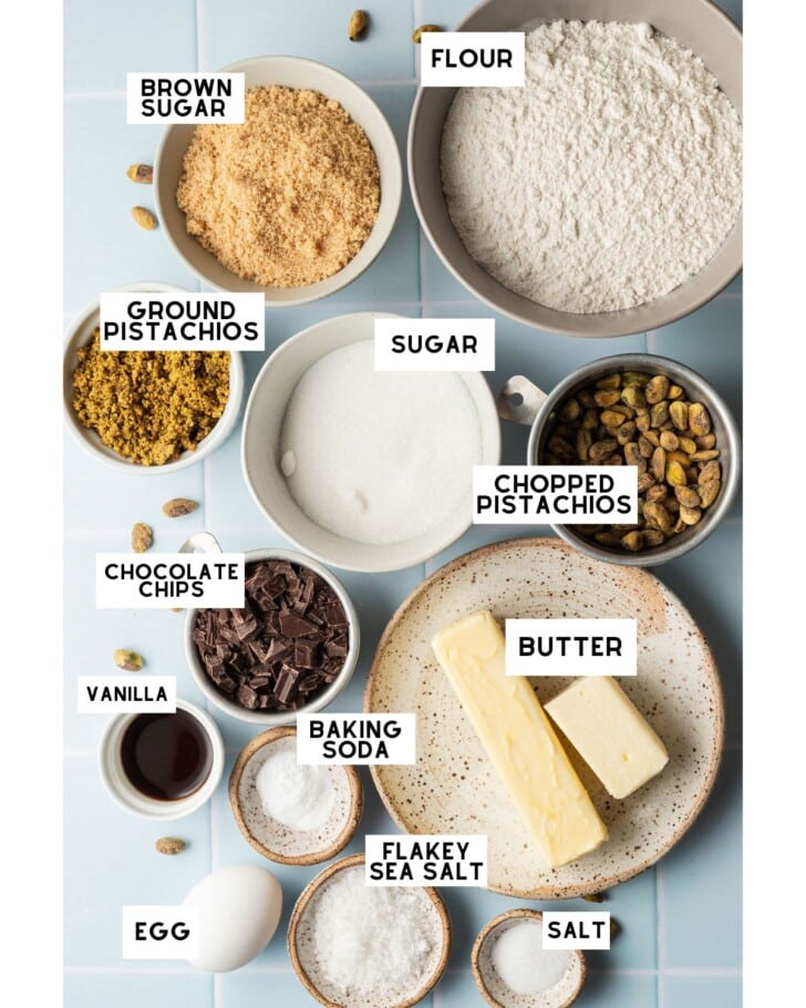 Chocolate Chip Pistachio Cookies ingredients in small bowls