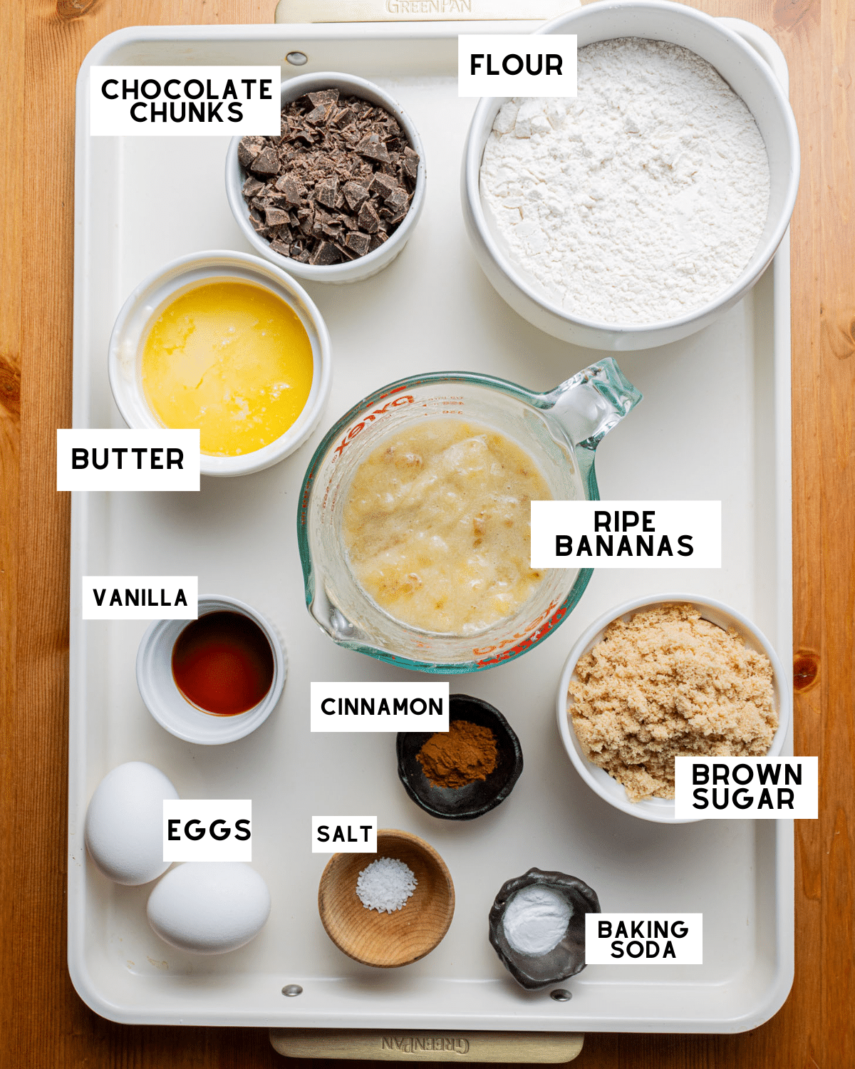 chocolate chunk banana bread ingredients in small bowls