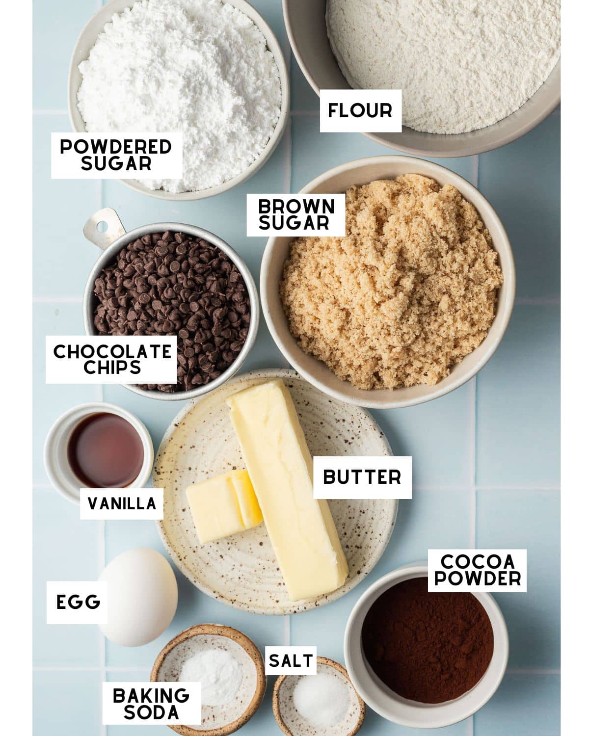 Overhead view of nine baking ingredients labeled: flour, brown sugar, powdered sugar, chocolate chips, vanilla, butter, cocoa powder, egg, baking soda, and salt.