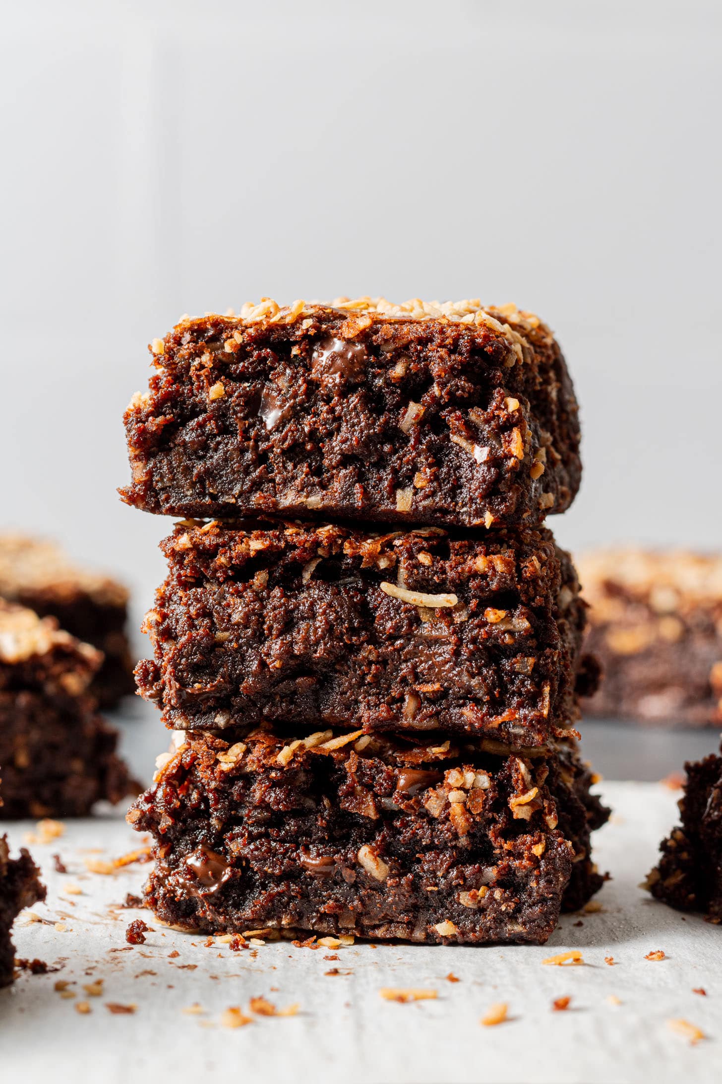 Close-up of sliced chocolate brownies topped with toasted coconut flakes. The rich, moist texture and contrasting toppings evoke indulgence.