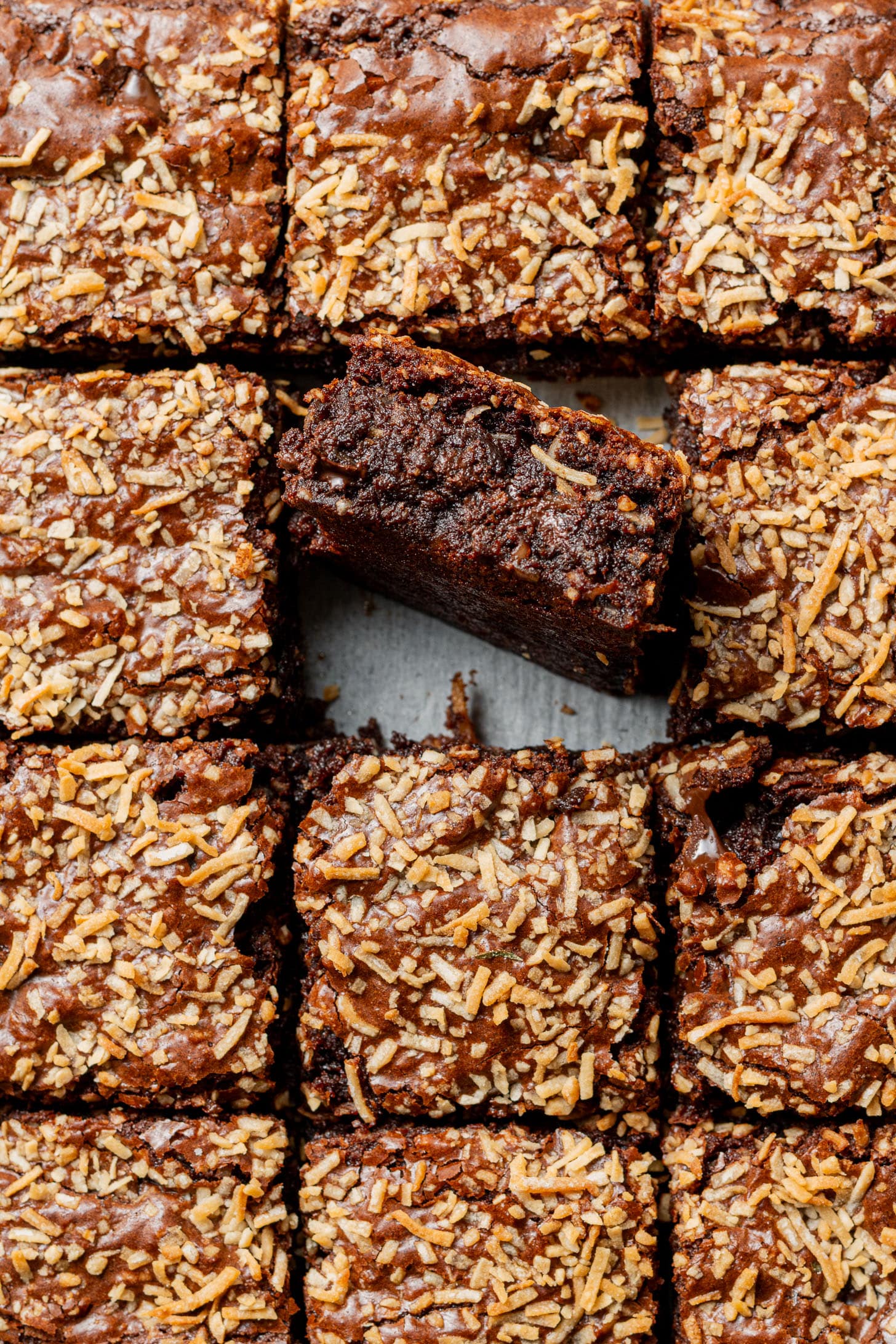 Close-up of freshly cut chocolate brownies topped with toasted coconut flakes. One brownie is slightly tilted, showing a rich, moist texture.