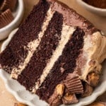 A generous slice of three-layer chocolate peanut butter cake on a white scalloped plate, showing thick peanut butter buttercream between each chocolate cake layer, surrounded by chopped Reese's peanut butter cups